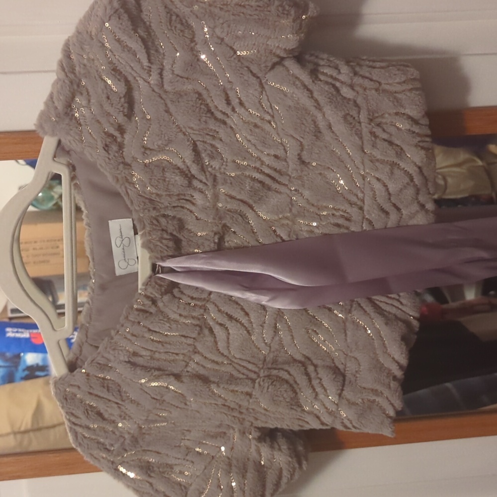 Jessica Simpson faux fur and gold sequin shrug bolero with satin ribbon